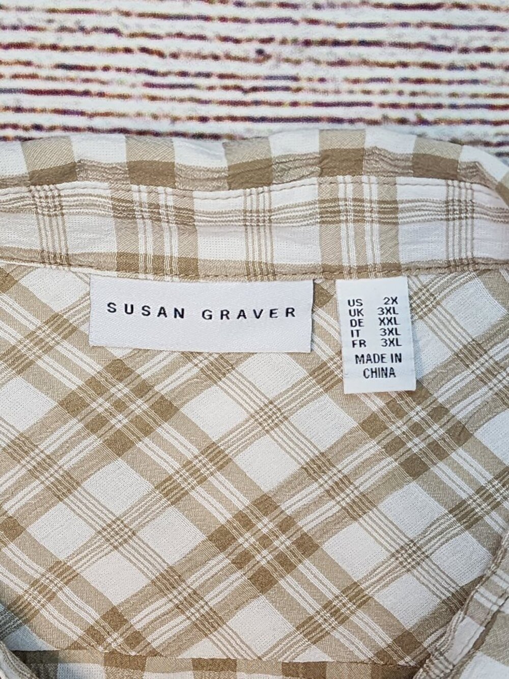 Susan Graver 2XL Yarn Dyed Gingham Button Front Shirt Tunic Raffia Tan Patchwork - Picture 5 of 12